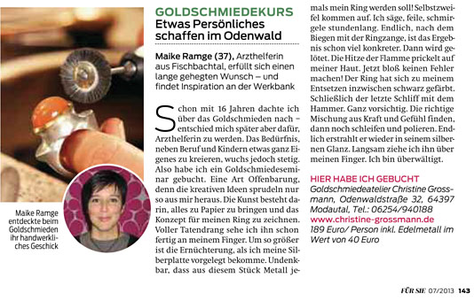 Goldschmiedekurs bei Christine Grossmann Bericht in der FüR SIE 07/2013